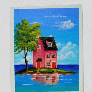 Casa Rosa en el Mar – Lienzo Acrílico 24x30 cm