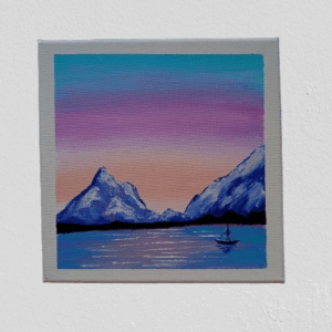 Navegando entre Montañas Nevadas– Lienzo Acrílico 20×20 cm
