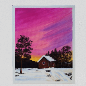 Refugio Invernal al Atardecer – Lámina Acrílico 24x30 cm