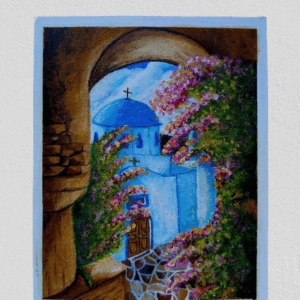 Encanto Griego: La Iglesia en la Costa– Lámina Acrílica 24×30 cm